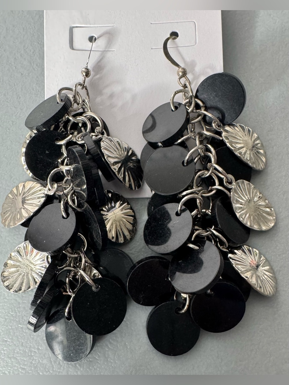Black Disc and Silver Accent Dangle Earrings - Women Jewelry flowy event